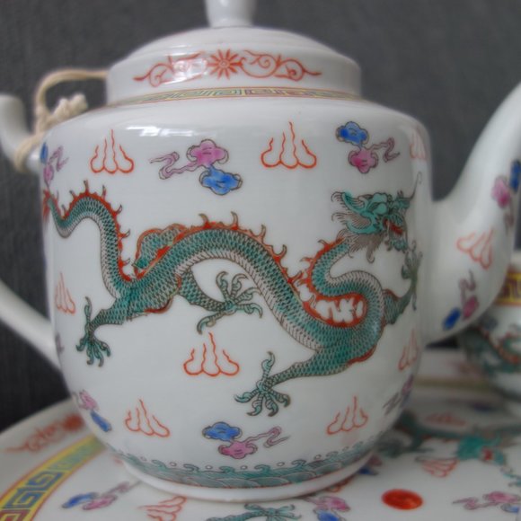 Ceramic Dragon Design Tea Pot (1),  Tea Cups (4) and Tray/Plate (1) - Picture 7 of 16